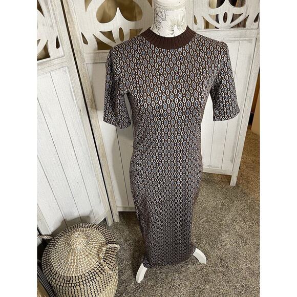 Zara Midi Sweater Dress Brown Blue Short Sleeve Bodycon Womens Sz Small - Picture 1 of 7